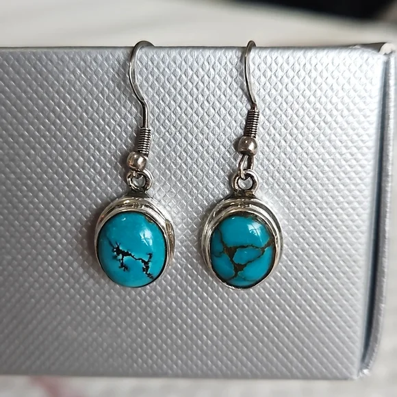 Vintage Turquoise Teardrop Sterling Silver Earrings - Picture 1 of 7